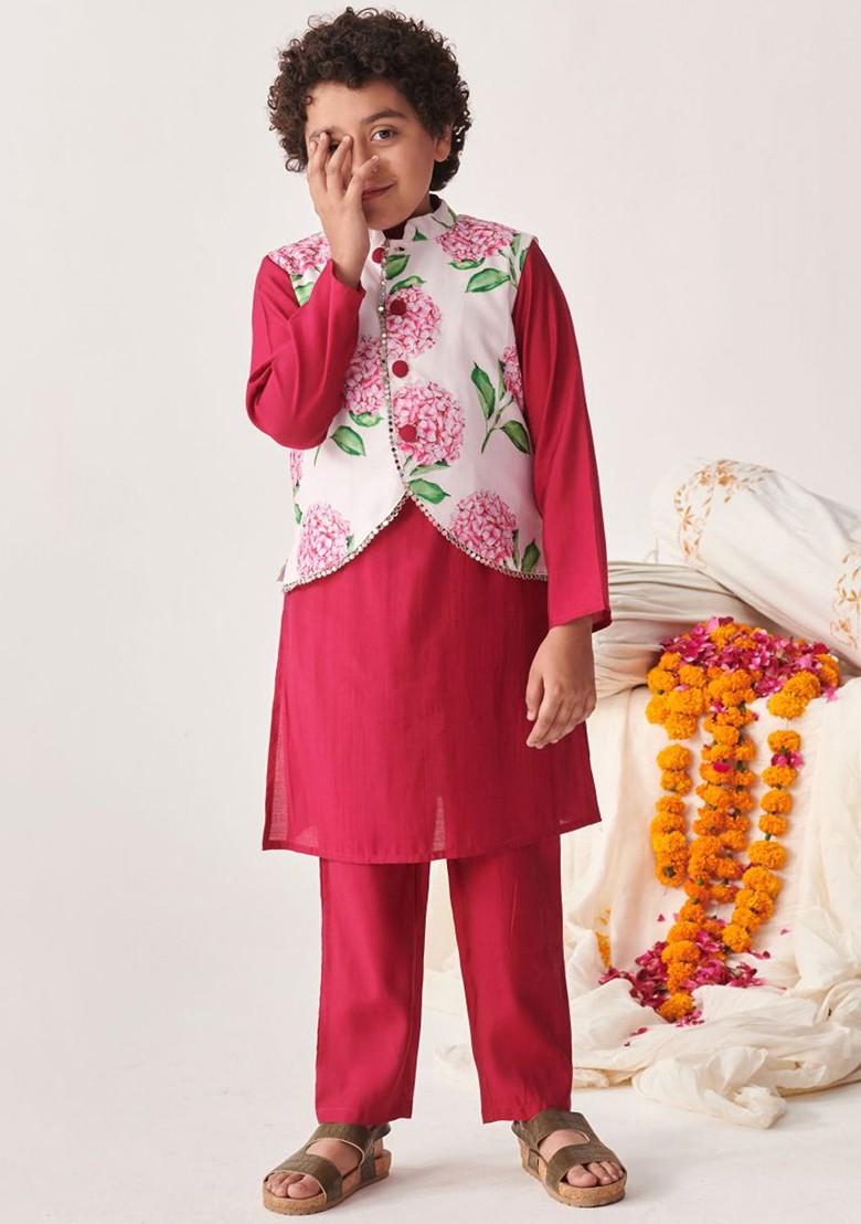 Burgundy Printed Poly Blend Kurta Set For Boy