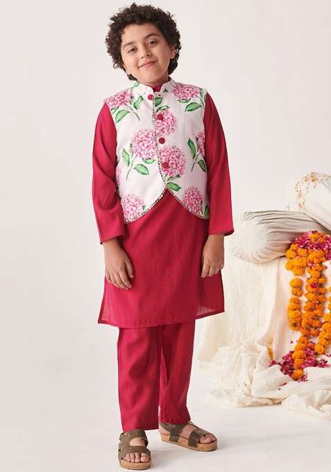 Burgundy Printed Poly Blend Kurta Set For Boy