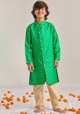 Green Embroidered Poly Blend Kurta Set For Boy