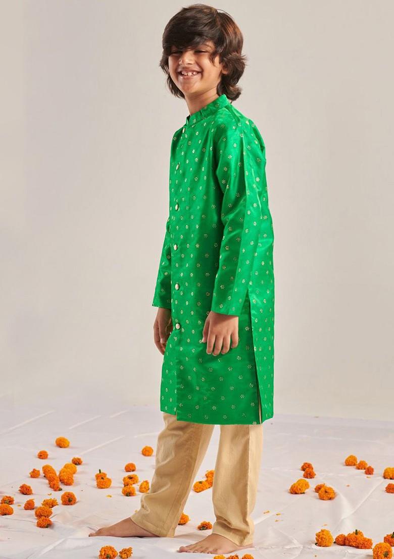 Green Embroidered Poly Blend Kurta Set For Boy
