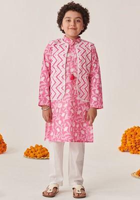 Pink Printed Poly Blend Kurta Set For Boy