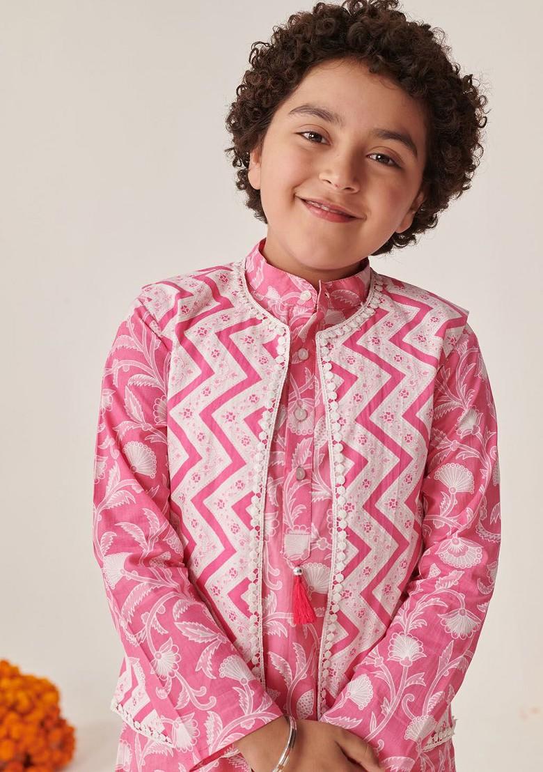 Pink Printed Poly Blend Kurta Set For Boy