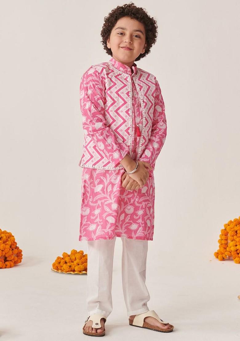 Pink Printed Poly Blend Kurta Set For Boy