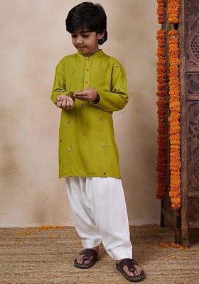 Olive Embroidered Poly Blend Kurta Set For Boy