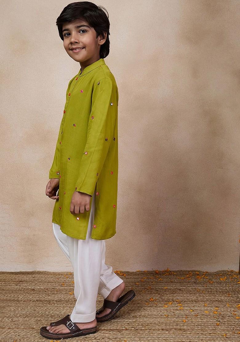Olive Embroidered Poly Blend Kurta Set For Boy