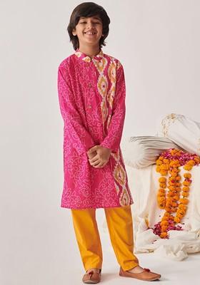 Magenta Printed Poly Blend Kurta Set For Boy