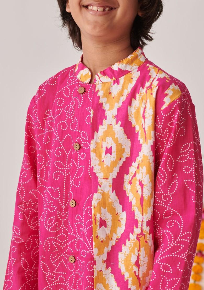 Magenta Printed Poly Blend Kurta Set For Boy