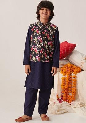 Navy Blue Embroidered Poly Blend Kurta Set For Boy