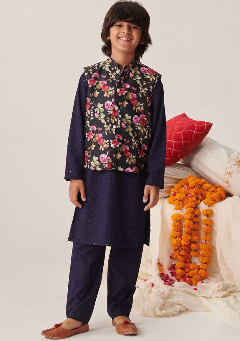 Navy Blue Embroidered Poly Blend Kurta Set For Boy - Indya