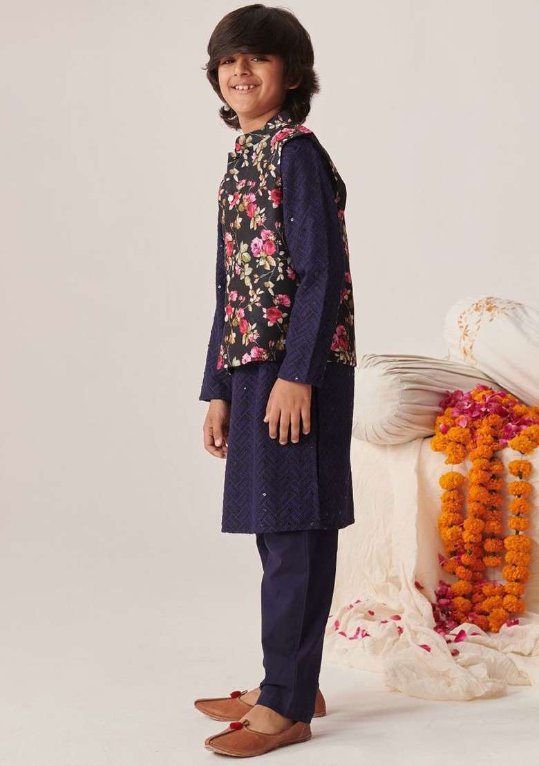 Navy Blue Embroidered Poly Blend Kurta Set For Boy - Indya