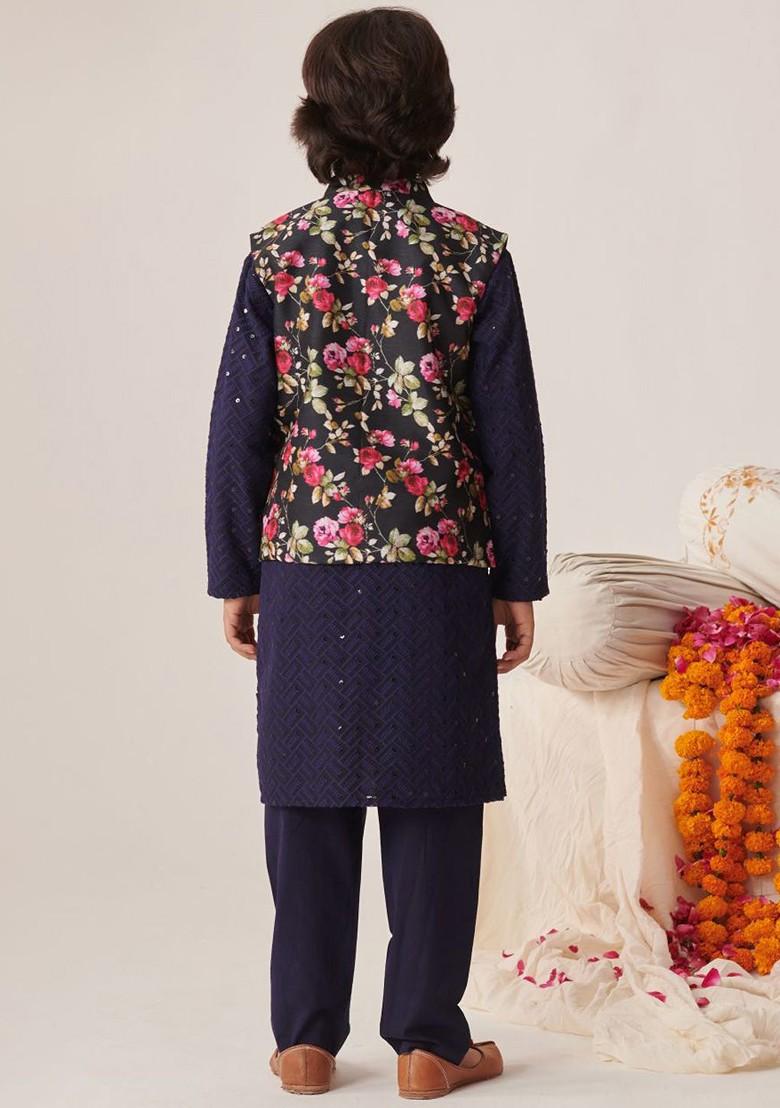 Navy Blue Embroidered Poly Blend Kurta Set For Boy