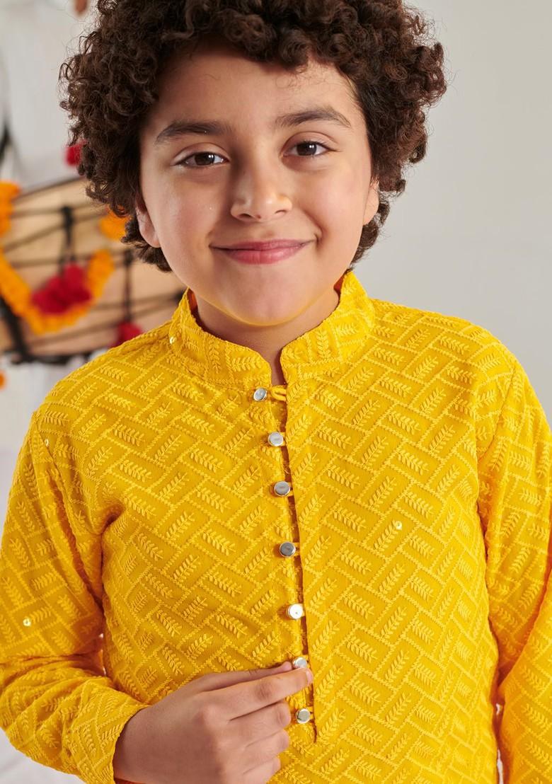 Yellow Embroidered Poly Blend Kurta Set For Boy
