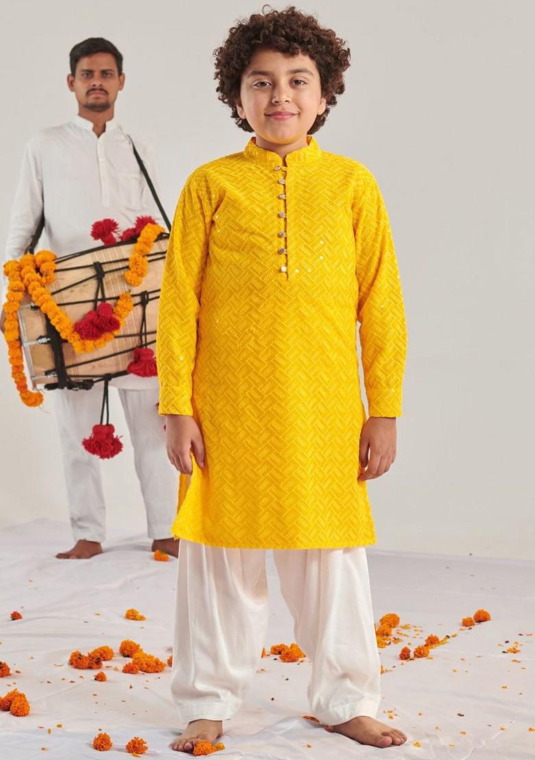 Yellow Embroidered Poly Blend Kurta Set For Boy