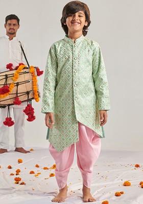 Green Embroidered Poly Blend Kurta Set For Boy