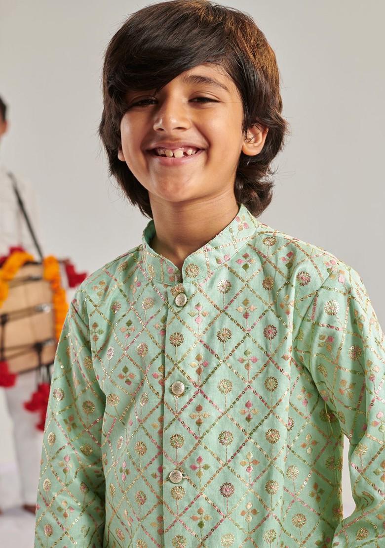 Green Embroidered Poly Blend Kurta Set For Boy