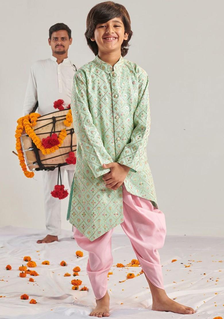 Green Embroidered Poly Blend Kurta Set For Boy