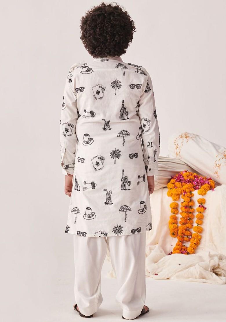 White Printed Poly Blend Kurta Set For Boy