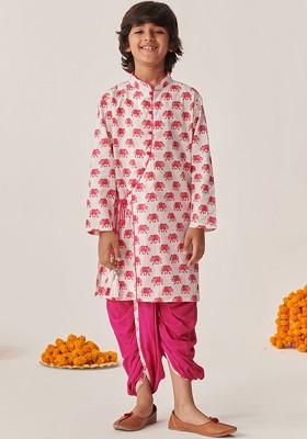 Magenta Printed Poly Blend Kurta Set For Boy