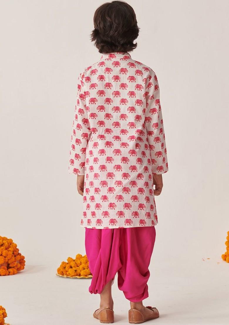 Magenta Printed Poly Blend Kurta Set For Boy