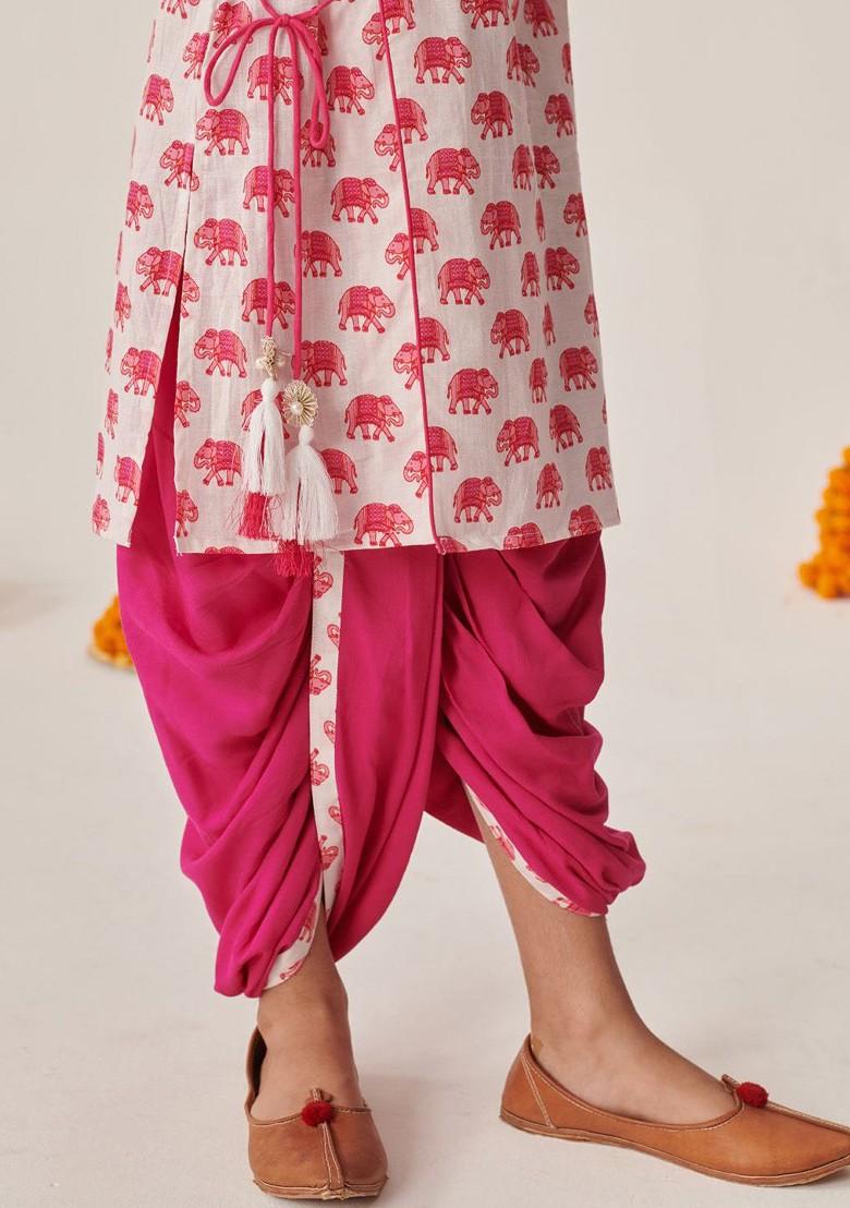 Magenta Printed Poly Blend Kurta Set For Boy
