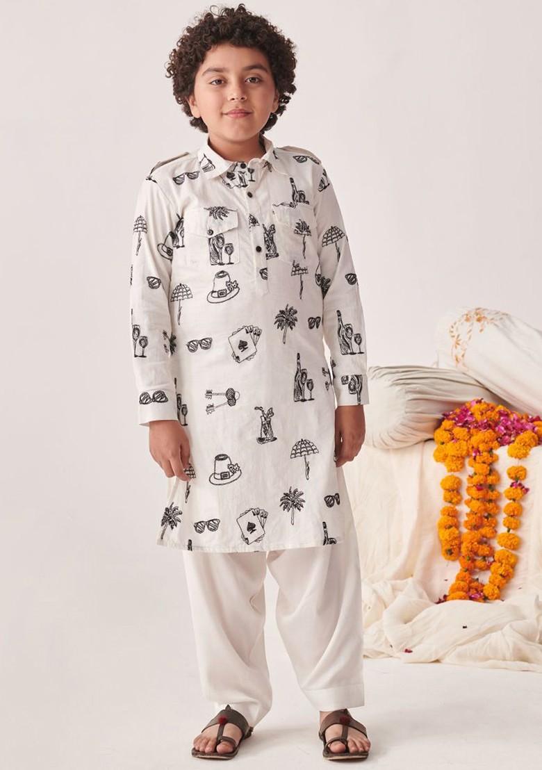 White Printed Poly Blend Kurta Set For Boy