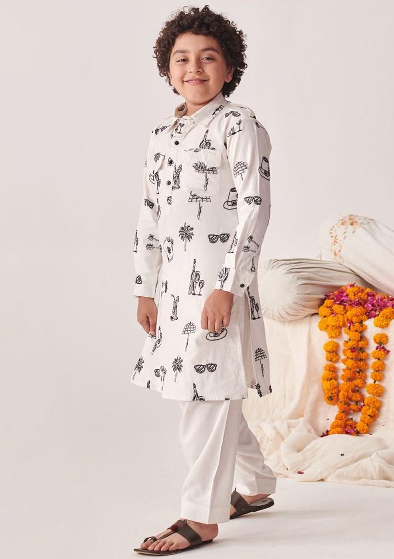 White Printed Poly Blend Kurta Set For Boy