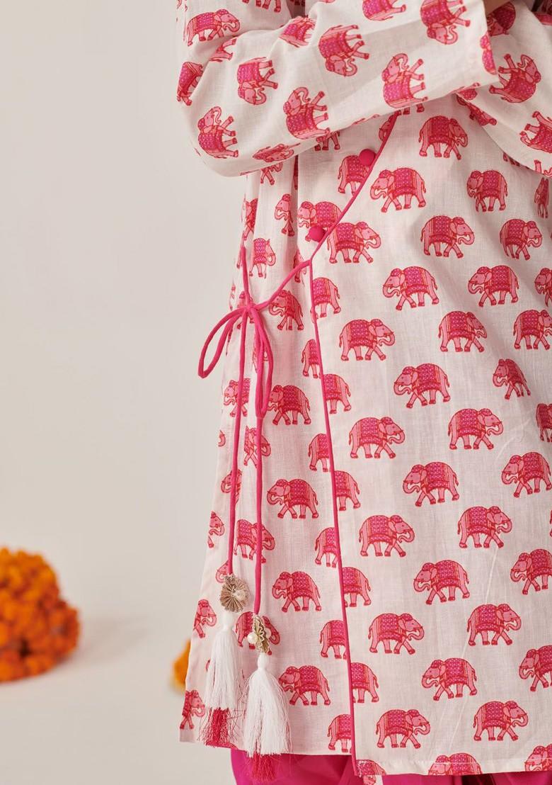 Magenta Printed Poly Blend Kurta Set For Boy