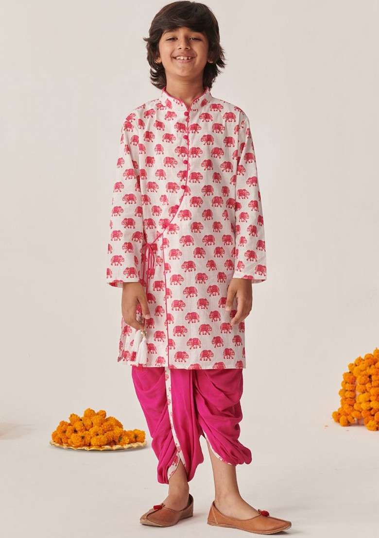 Magenta Printed Poly Blend Kurta Set For Boy - Indya