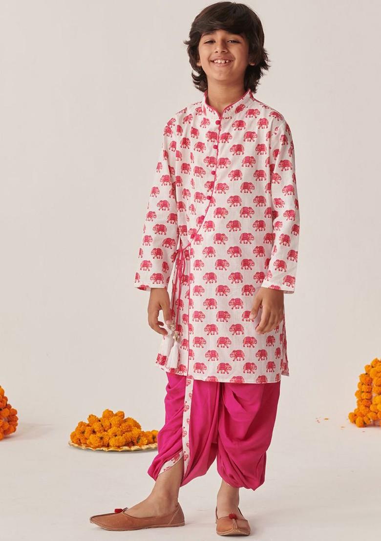 Magenta Printed Poly Blend Kurta Set For Boy