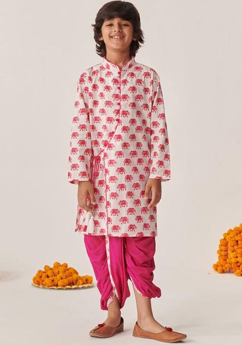 Magenta Printed Poly Blend Kurta Set For Boy
