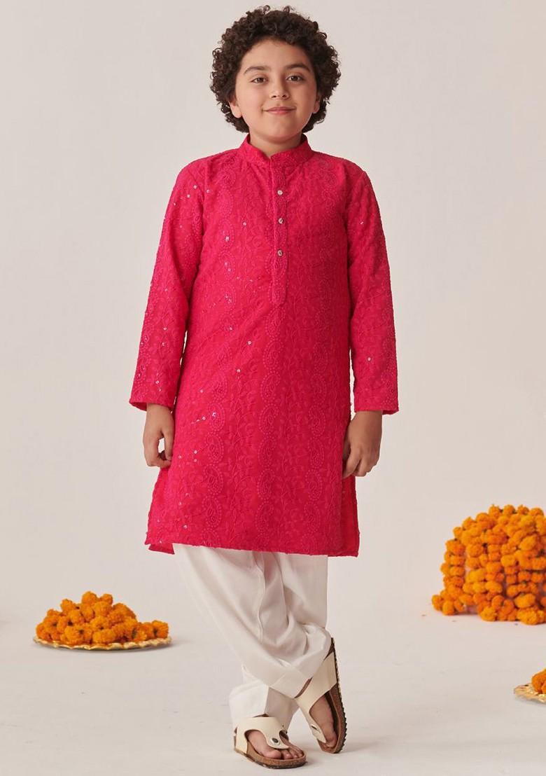 Magenta Embroidered Poly Blend Kurta Set For Boy