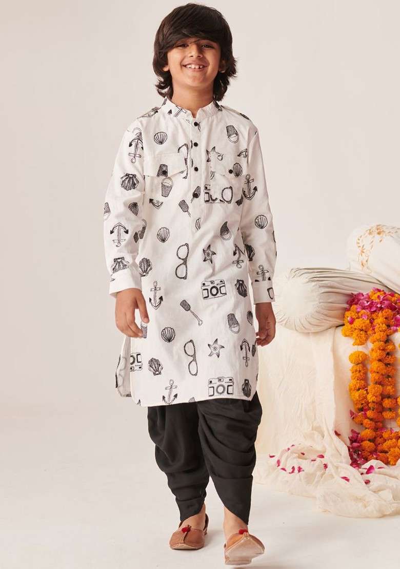 White Printed Poly Blend Kurta Set For Boy - Indya