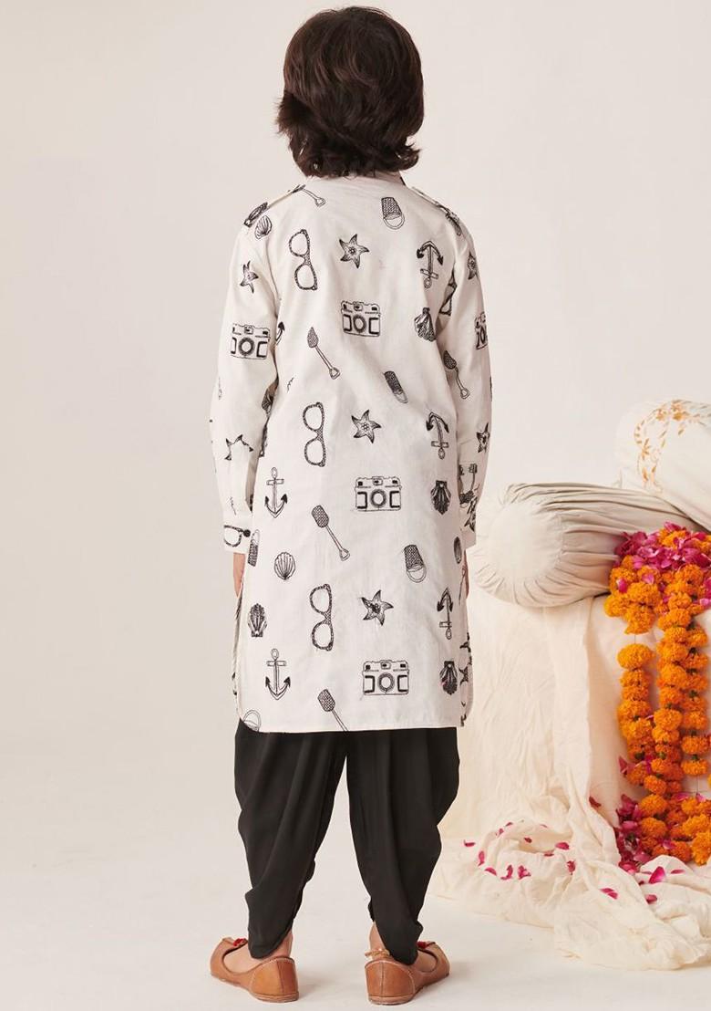 White Printed Poly Blend Kurta Set For Boy