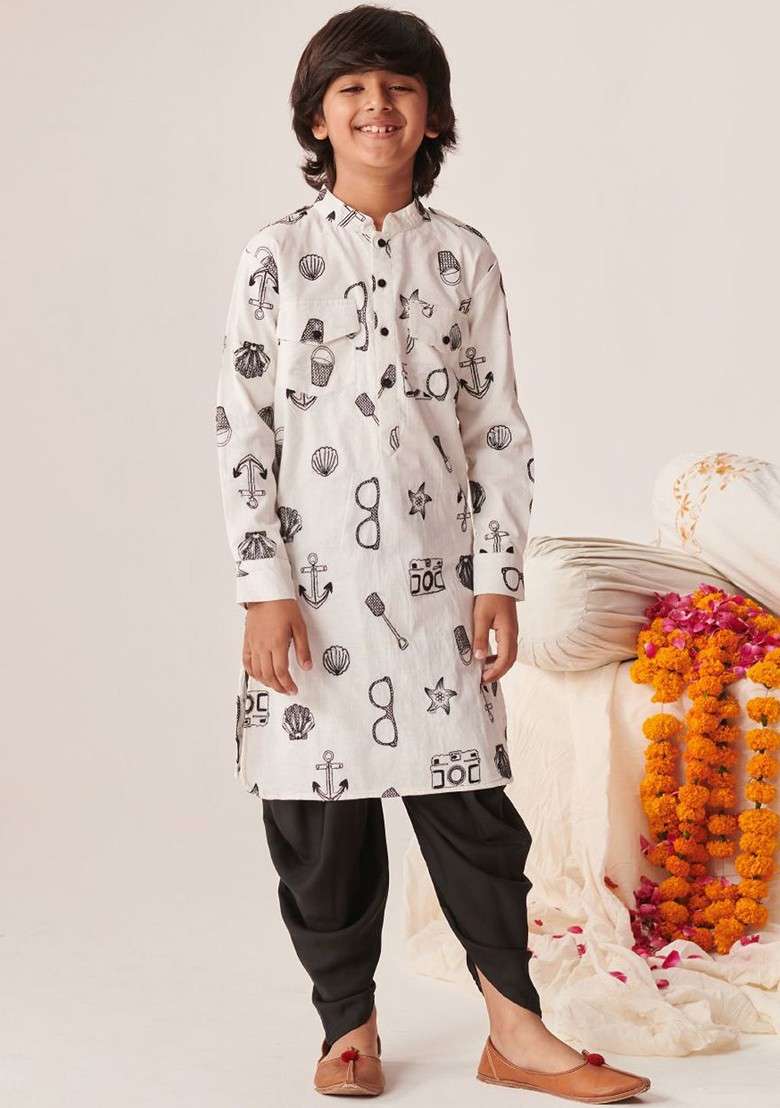 White Printed Poly Blend Kurta Set For Boy - Indya