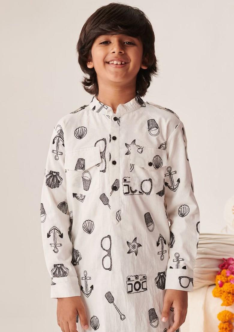 White Printed Poly Blend Kurta Set For Boy