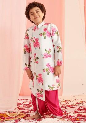 White Printed Poly Blend Kurta Set For Boy