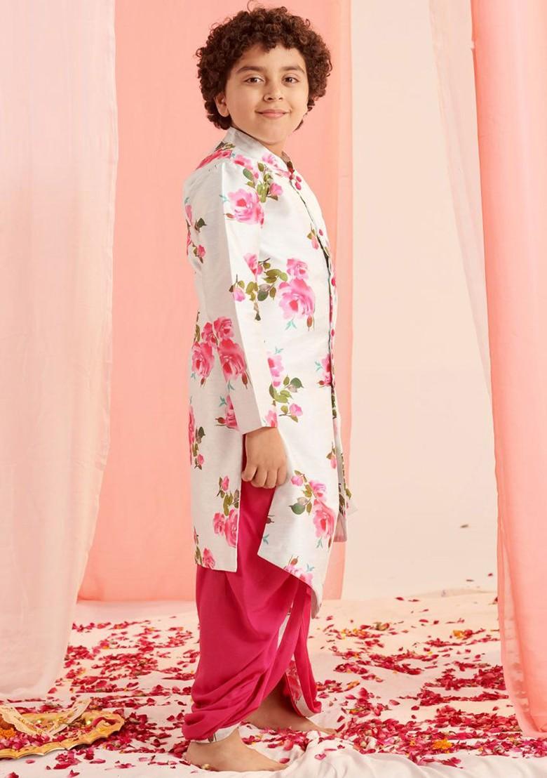 White Printed Poly Blend Kurta Set For Boy