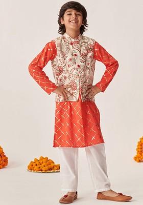 Orange Printed Poly Blend Kurta Set For Boy