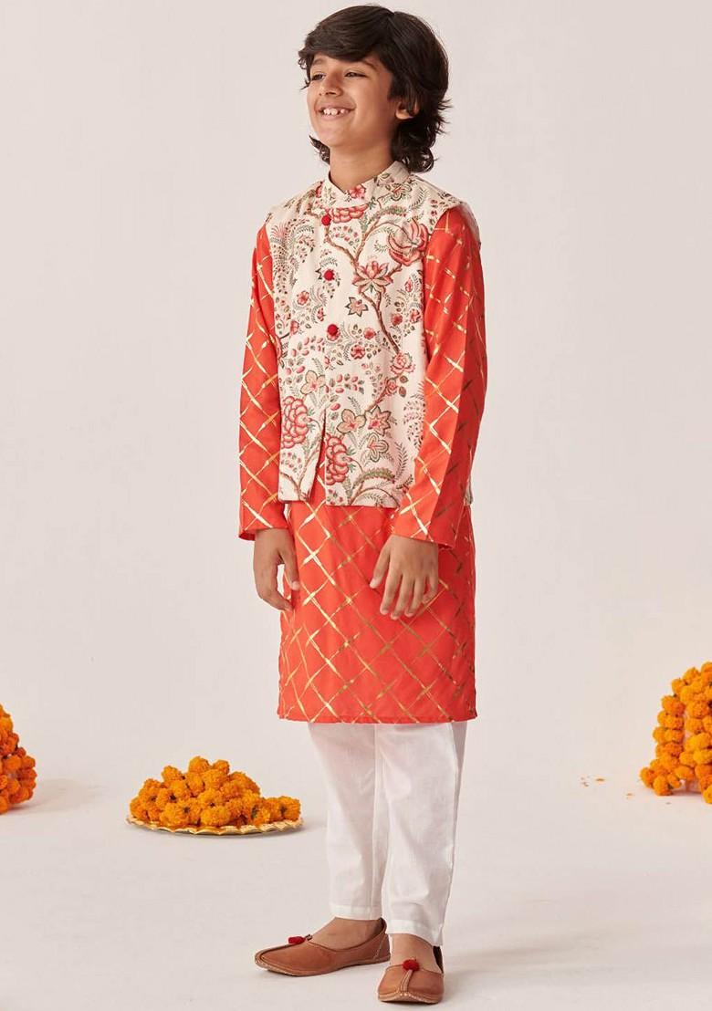 Orange Printed Poly Blend Kurta Set For Boy