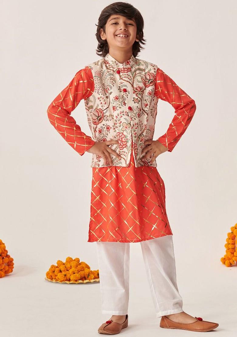Orange Printed Poly Blend Kurta Set For Boy