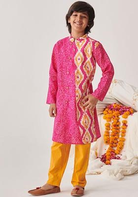 Magenta Printed Poly Blend Kurta Set For Boy
