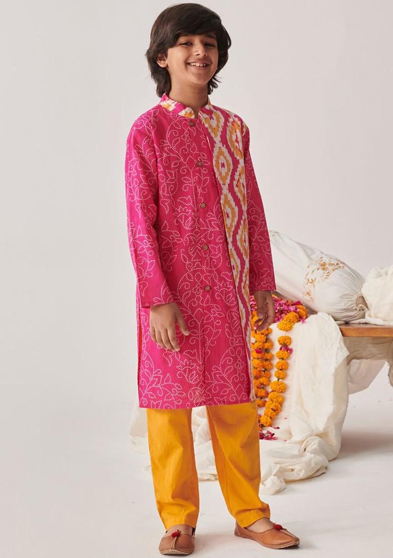 Magenta Printed Poly Blend Kurta Set For Boy