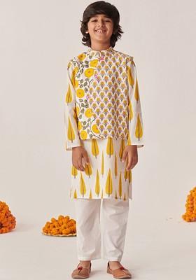 Grey Printed Poly Blend Kurta Set For Boy