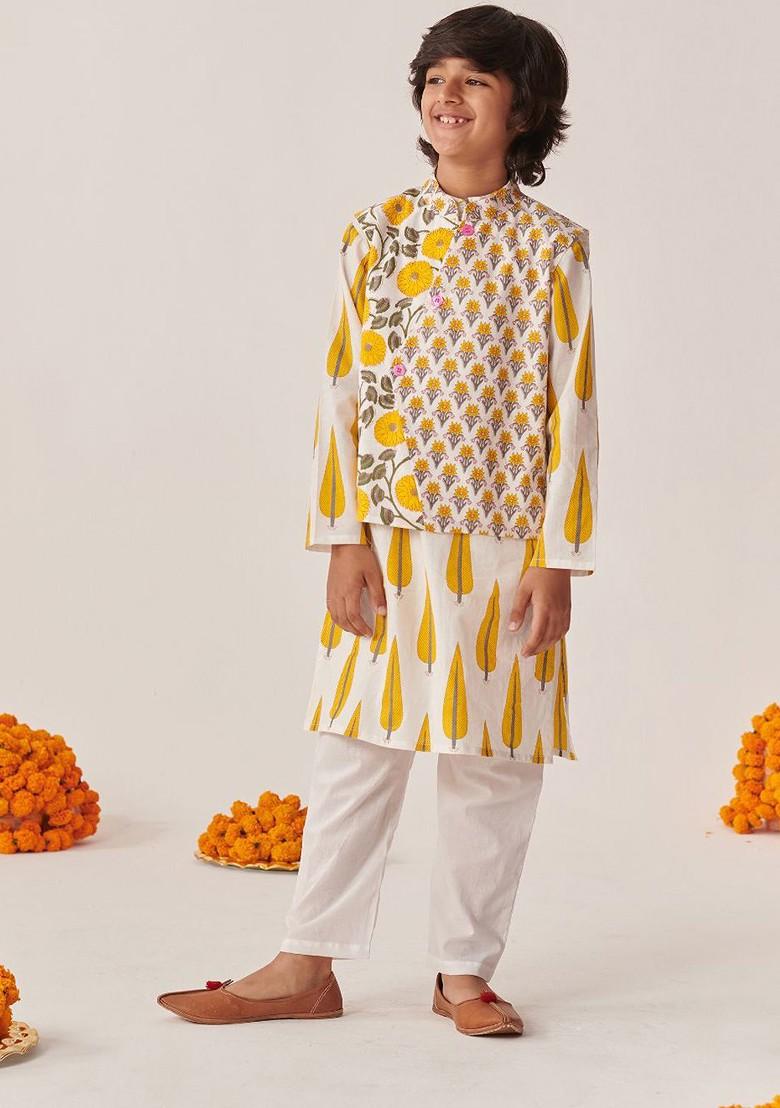Grey Printed Poly Blend Kurta Set For Boy
