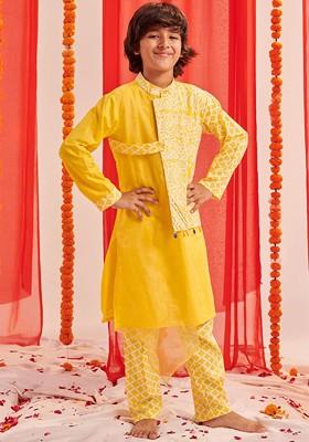 Yellow Printed Poly Blend Kurta Set For Boy