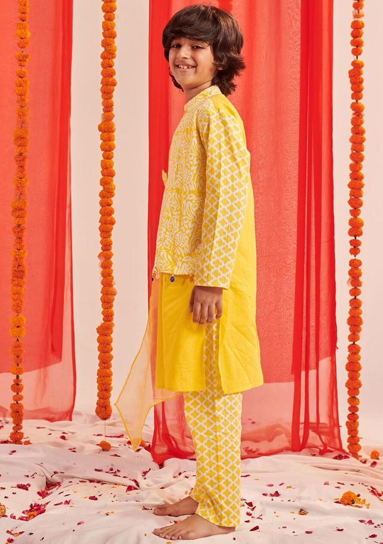 Yellow Printed Poly Blend Kurta Set For Boy