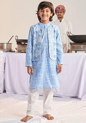 Blue Printed Poly Blend Kurta Set For Boy