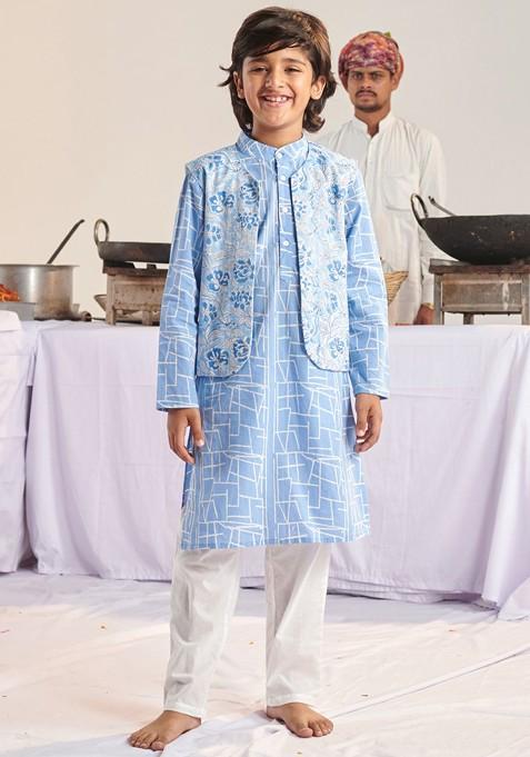 Blue Printed Poly Blend Kurta Set For Boy