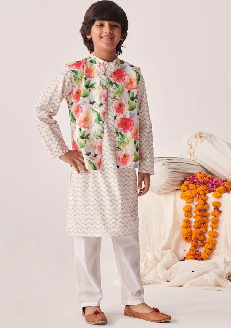 White Embroidered Poly Blend Kurta Set For Boy
