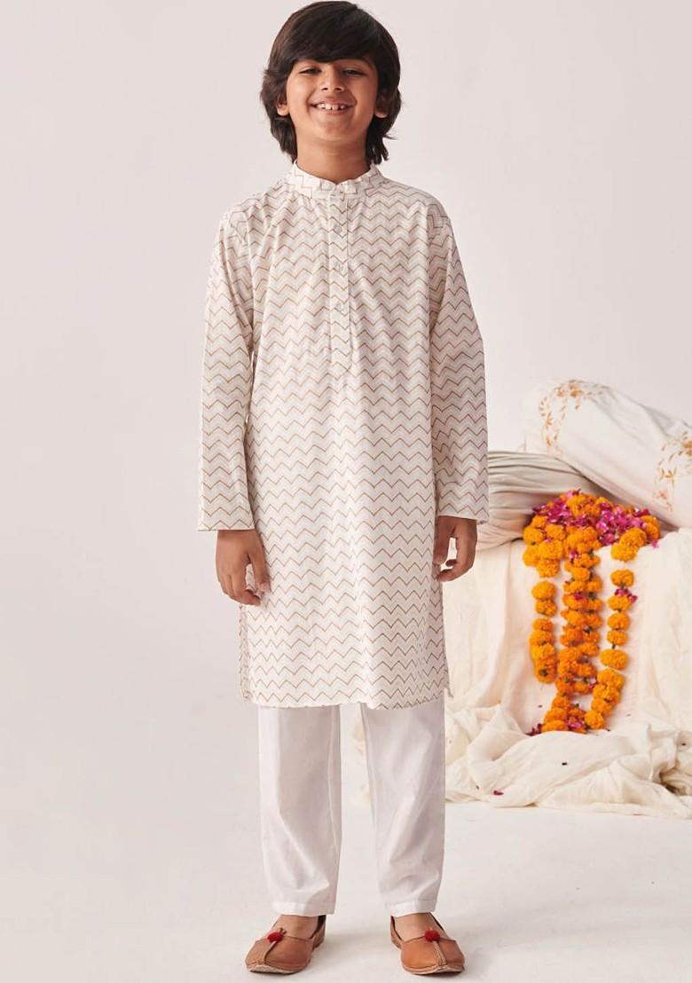 White Embroidered Poly Blend Kurta Set For Boy
